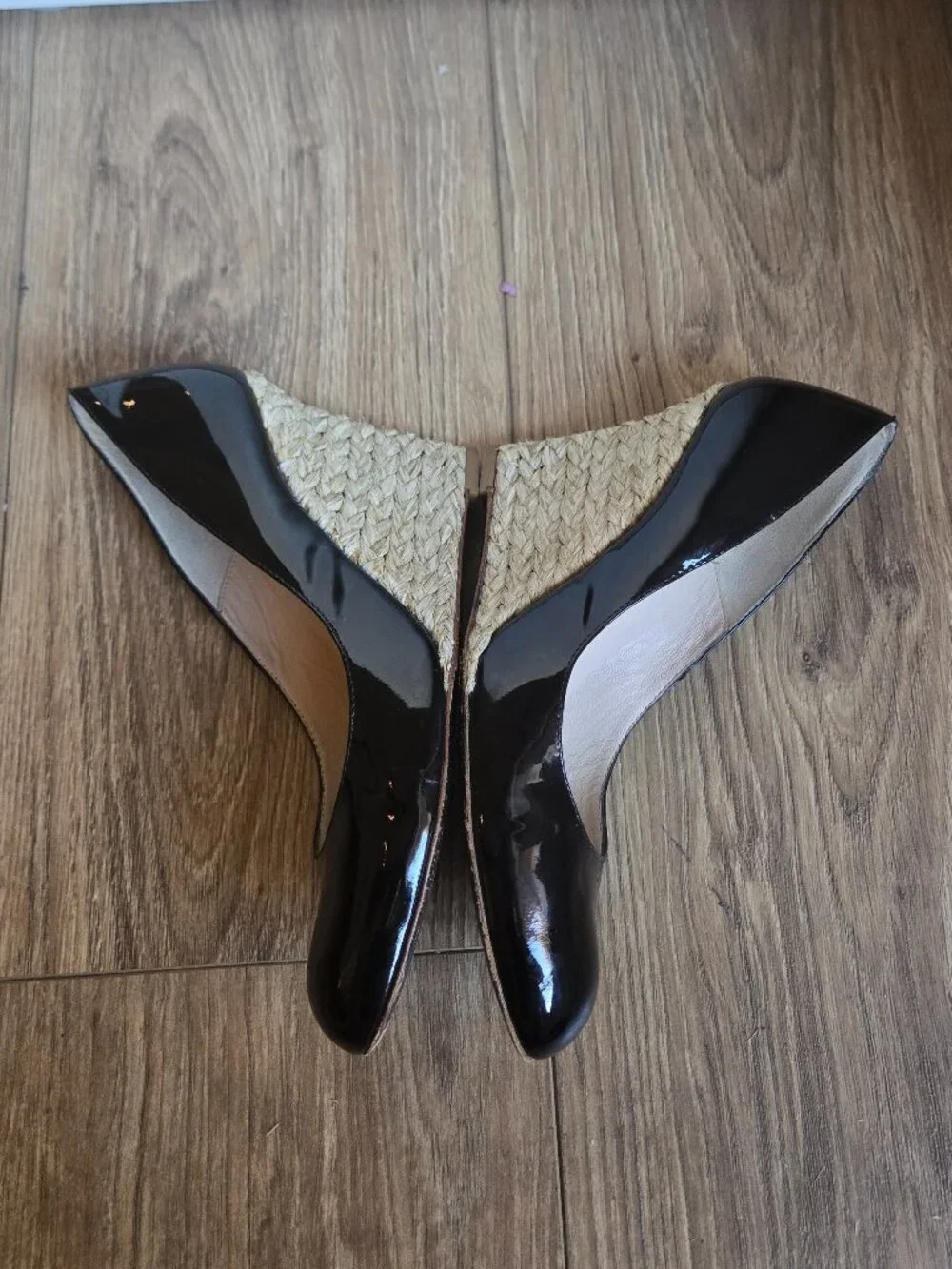 L.K. Bennett Maddox black patent leather espadrille wedge heels